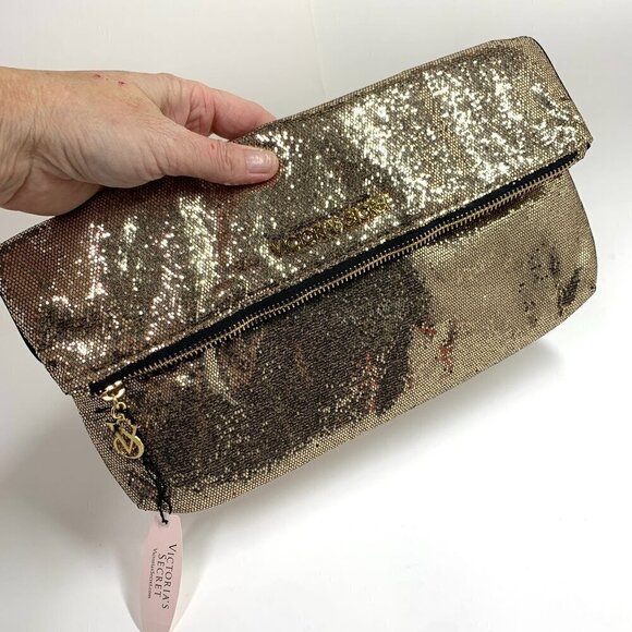 Victoria's Secret Shimmering Sequin Fold Over Evening Bag Disco Retro Gold NWT - Picture 8 of 10